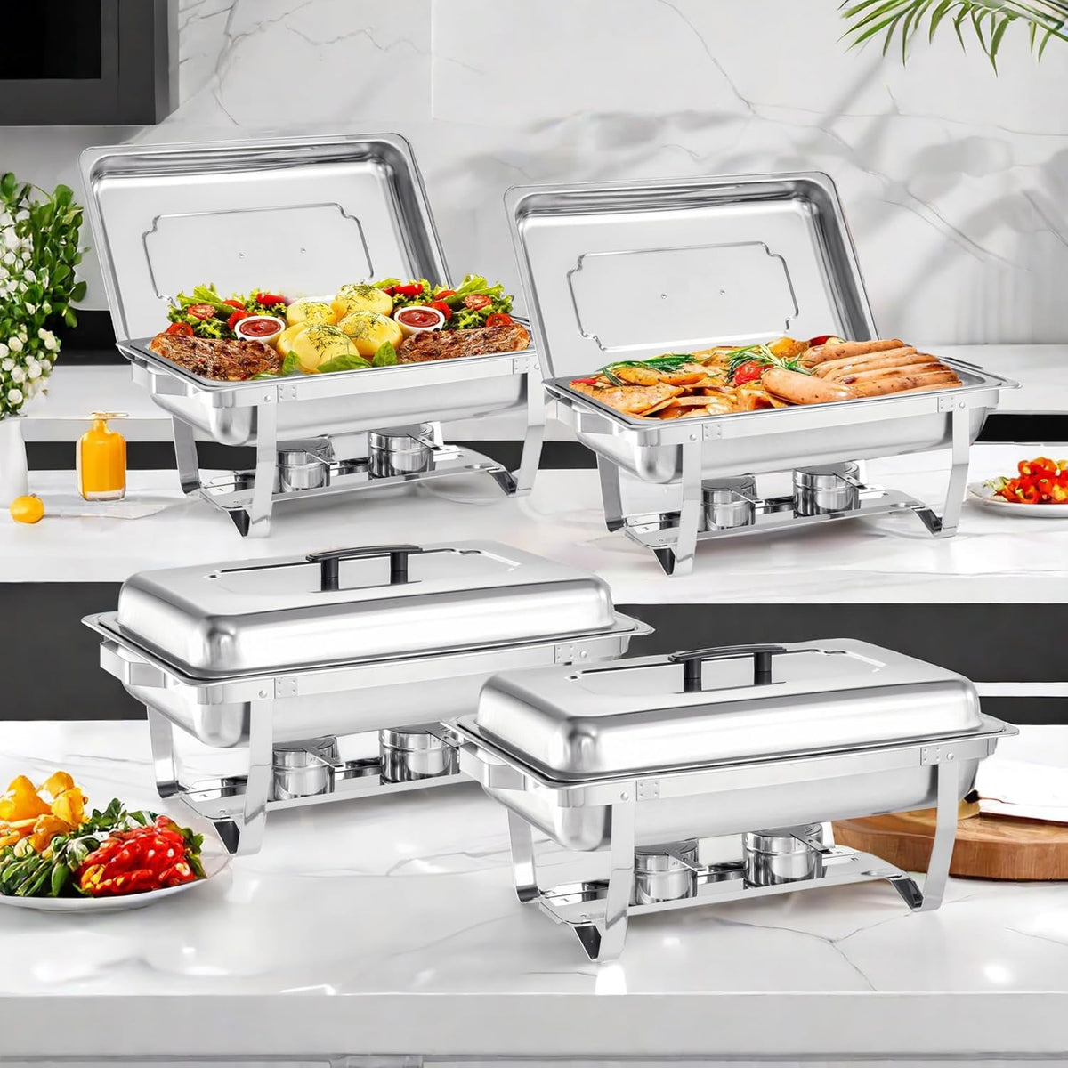 8 Quart Stainless Steel Chafer Buffet Set - 4 Pack X8197