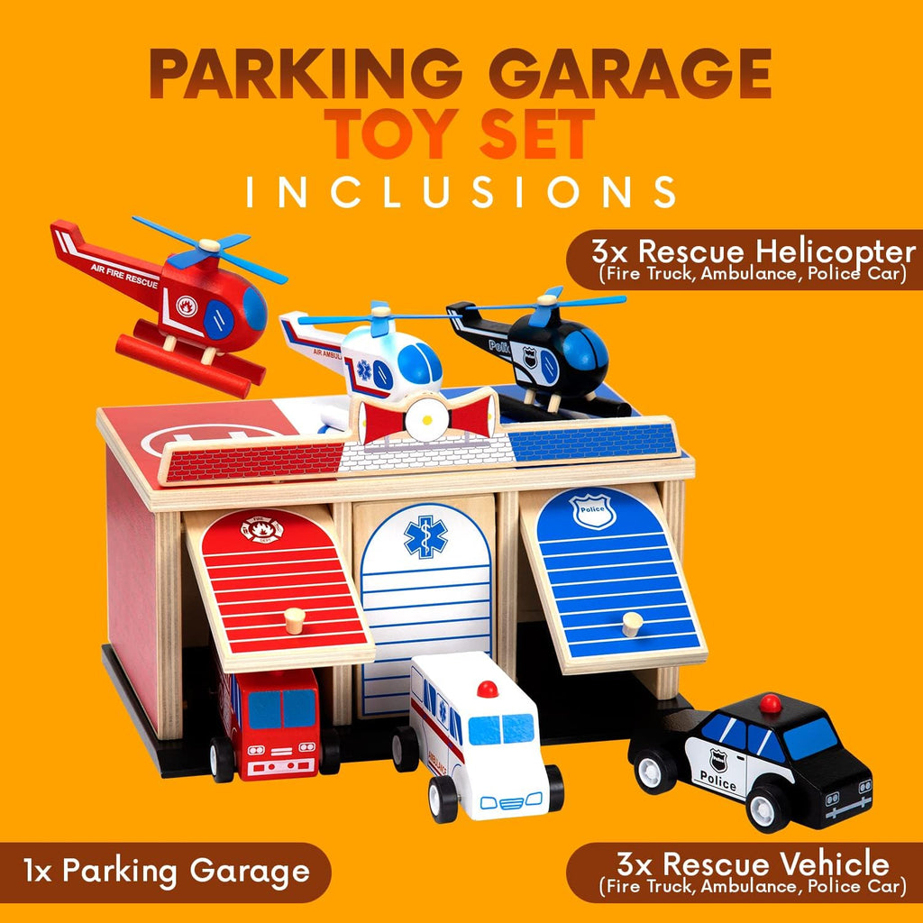 2-Level 3-Bay Parking Garage Toy Set with Fire Truck, Ambulance, Police Car, and 3 Rescue Helicopters L203332