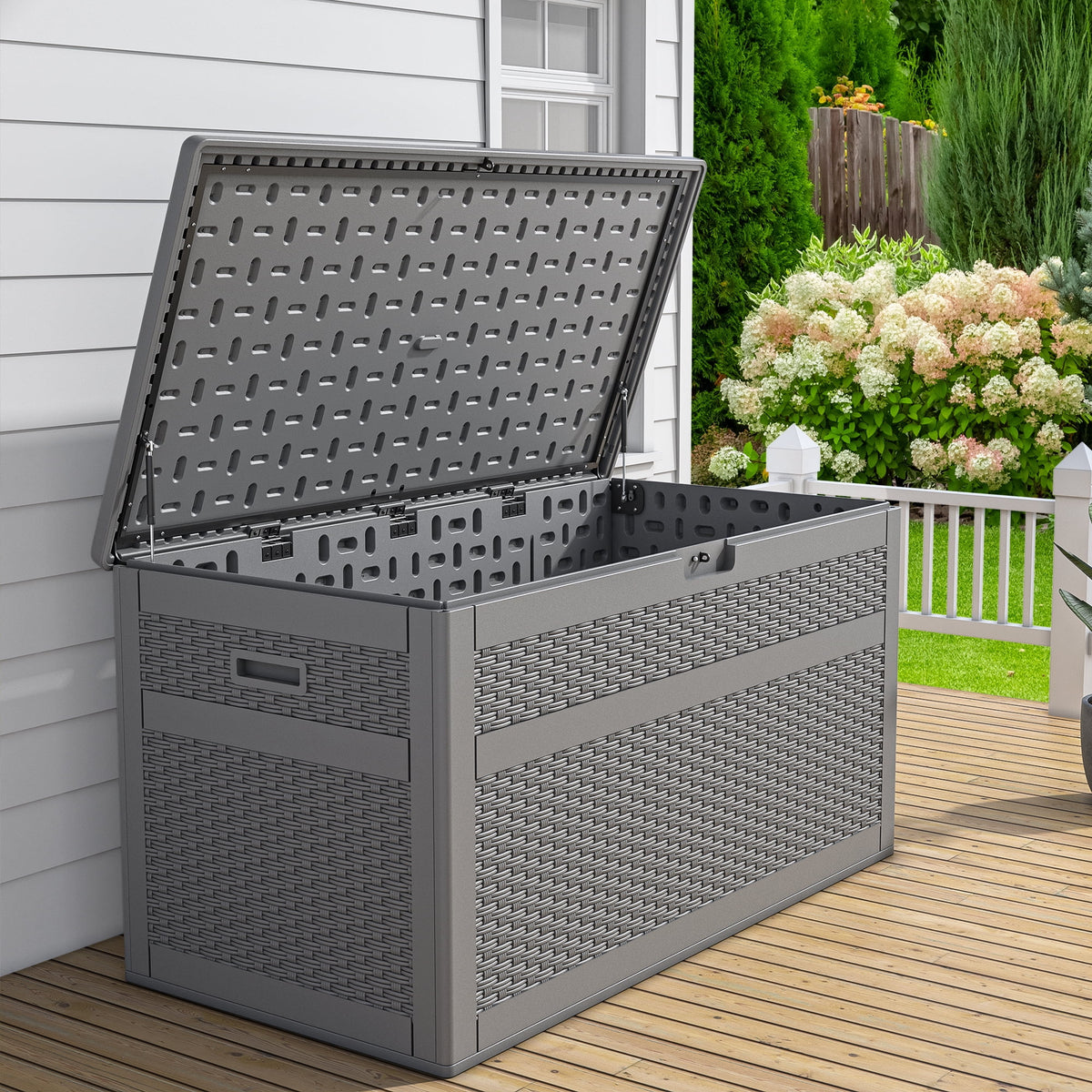 230 Gallon Grey Resin Rattan Outdoor Storage Box W543836