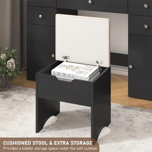 Black Vanity Desk with Lighted Mirror, 5 Drawers, 2 Cabinets, Stool, Glass Top, Sliding Jewelry Storage Shelves N289780