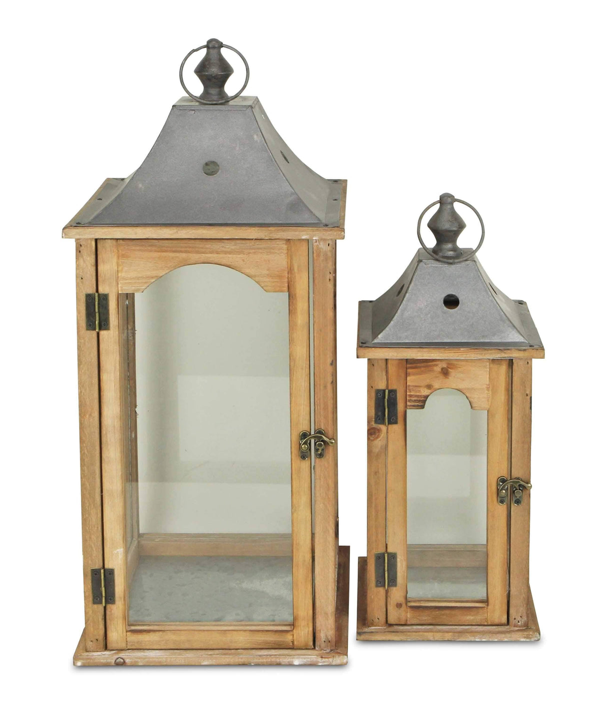 Set of 2 Brown Wood Frame Glass and Metal Top Lanterns I658