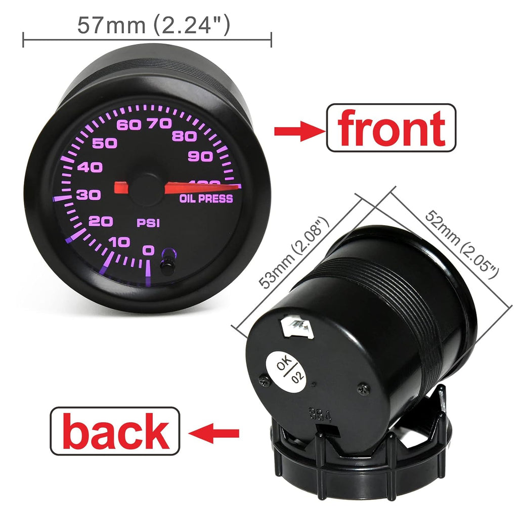 7 Color 100 PSI Oil Pressure Gauge Kit 52mm with Pressure Sensor Pack of 2 H4016