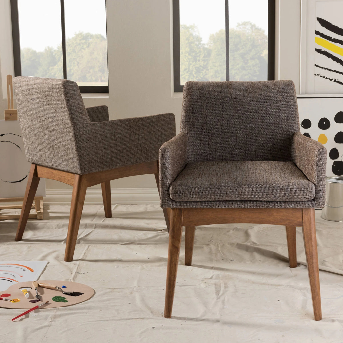 Set of 2 Walnut Wood Fabric Upholstered Arm Chairs C8356