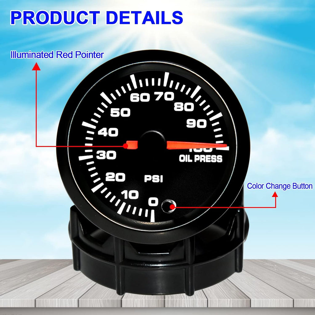 7 Color 100 PSI Oil Pressure Gauge Kit 52mm with Pressure Sensor Pack of 2 H4016