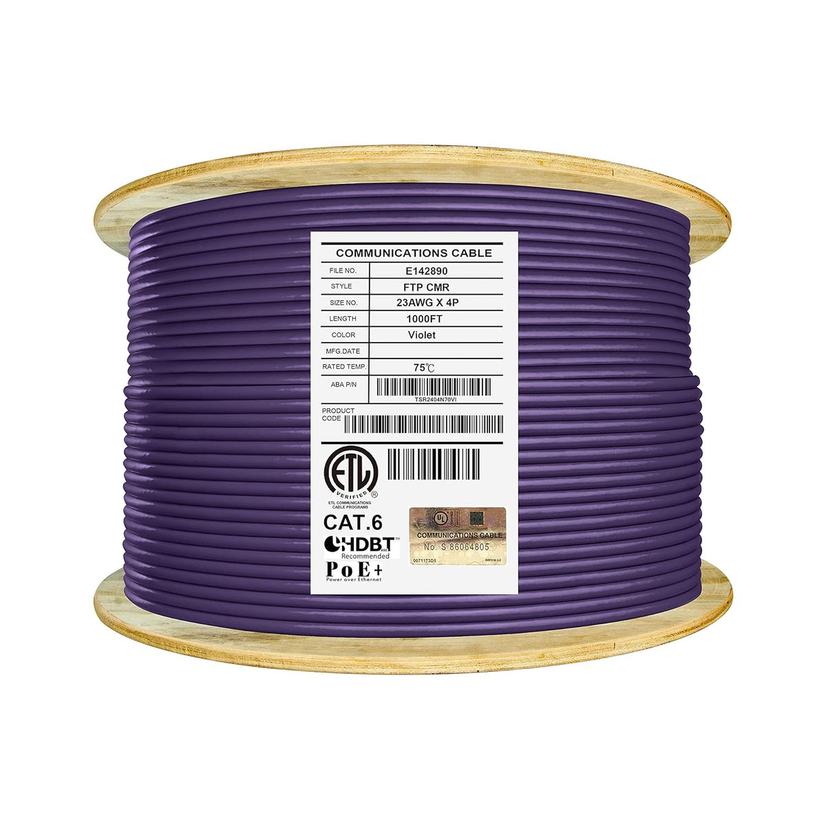 Cat6 Shielded Riser 1000ft F/UTP 23AWG Solid Bare Copper 550MHz Bulk Ethernet Cable Reel Orange A897777