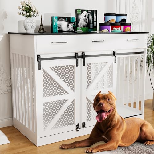48'' Wooden Dog Crate Furniture with Divider and Storage Drawers W85214