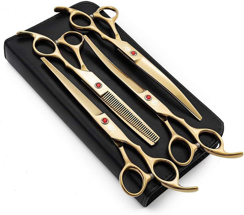 7.0 inch 4PCS Pet Grooming Scissors Kit Japan Premium Steel Straight & Curved & Thinning Blade Shears Set with Case X24482