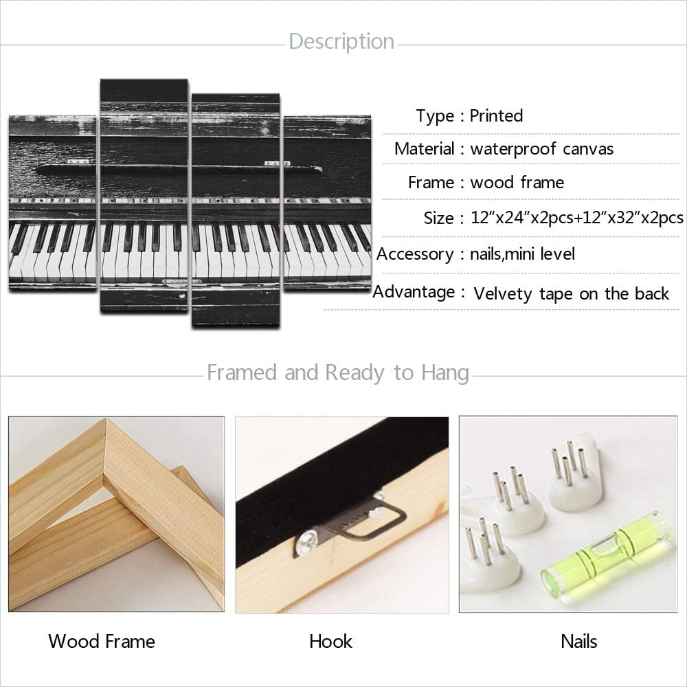 Black and White Piano Keyboard 4 Piece Canvas Wall Art with Frame R933947