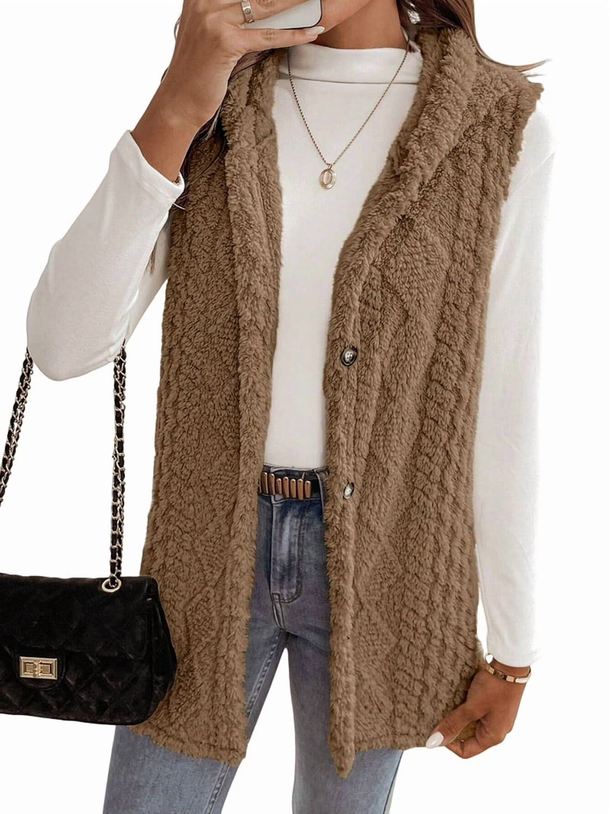 Oversized Fleece Hooded Cardigan Brown XL Y346331