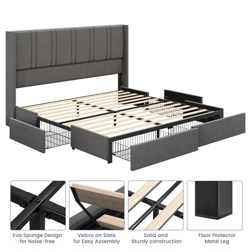 King Size Linen Upholstered Platform Bed Frame with 4 Storage Drawers W389470