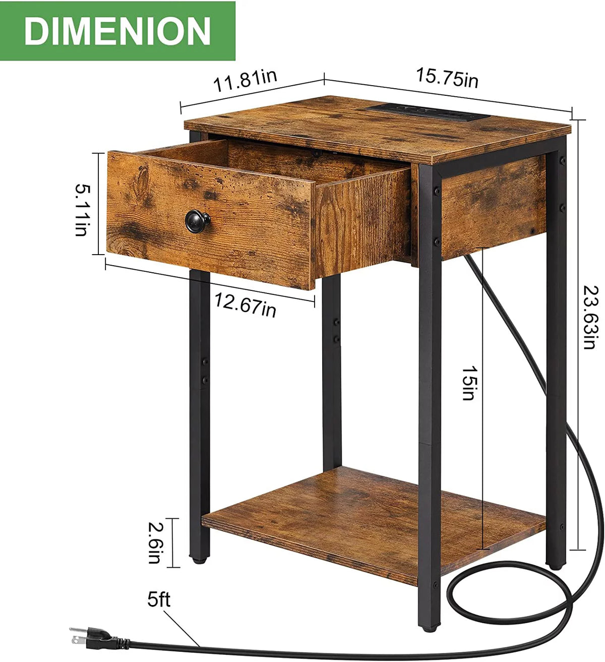 Rustic Brown Nightstand End Table with Charging Station G5725