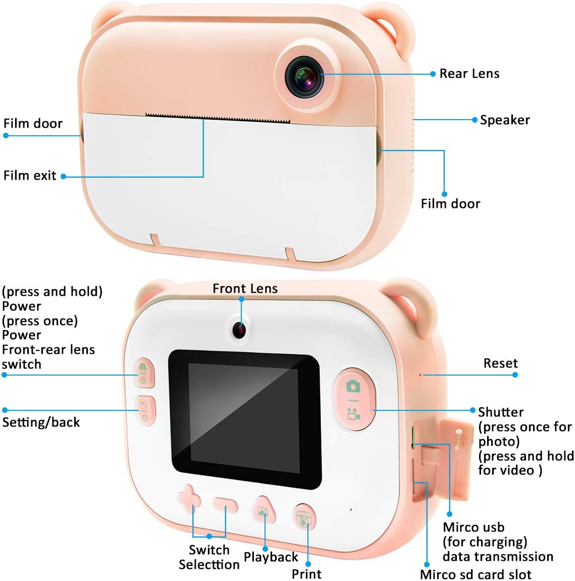Kids Instant Print Camera with 2.4” HD Screen S933