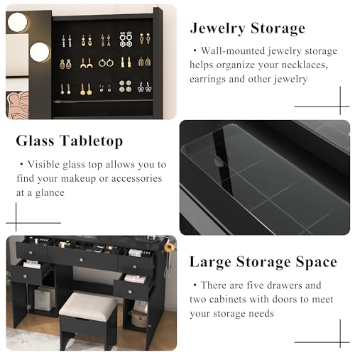 Black Vanity Desk with Lighted Mirror, 5 Drawers, 2 Cabinets, Stool, Glass Top, Sliding Jewelry Storage Shelves N289780