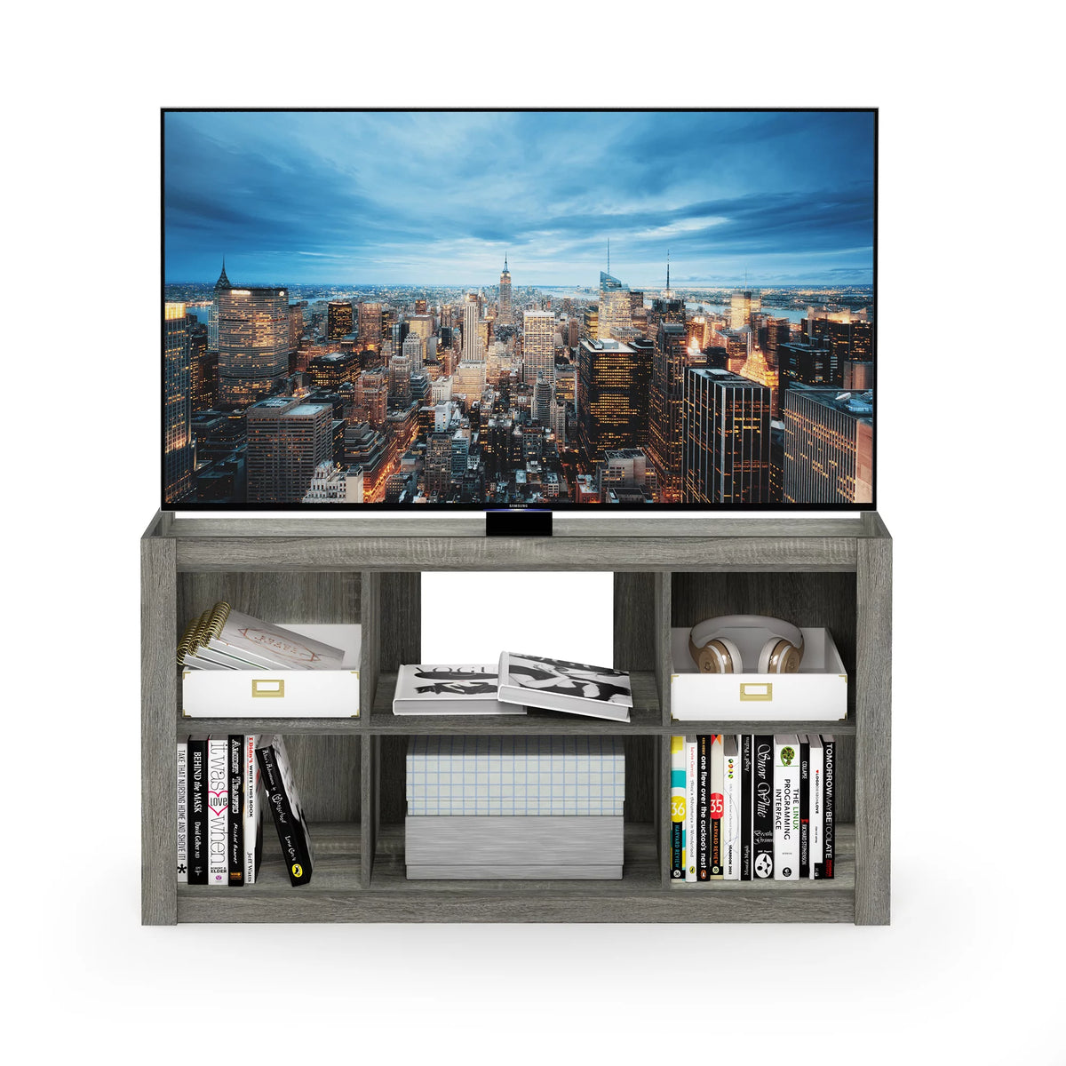 French Oak Grey TV Stand Bookshelves S7889