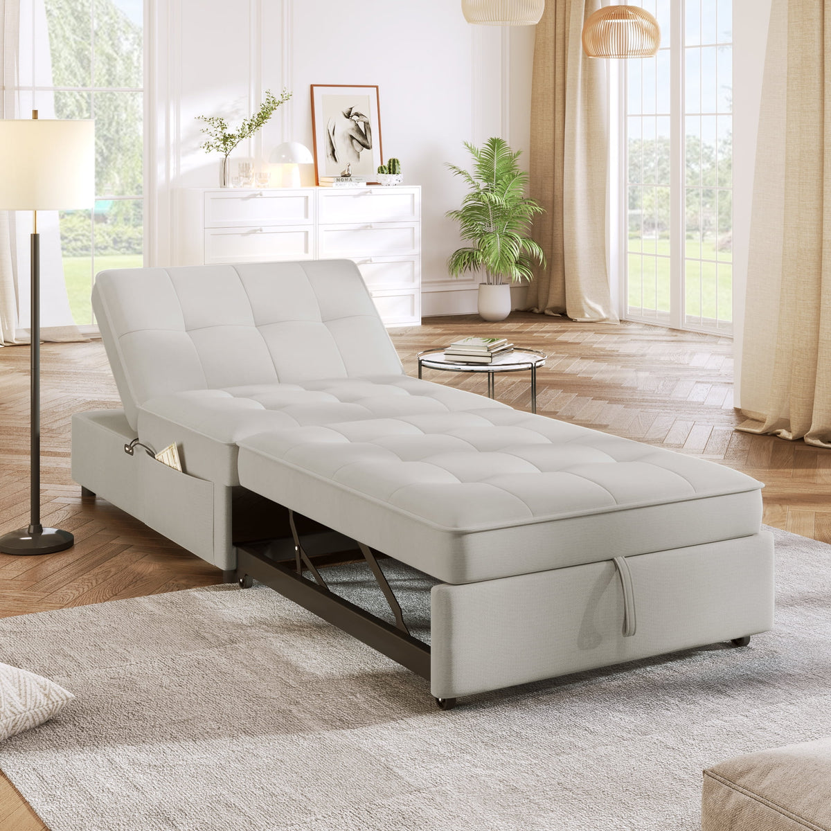 White 4-in-1 Folding Ottoman Bed with Storage Pocket and USB Port I490931
