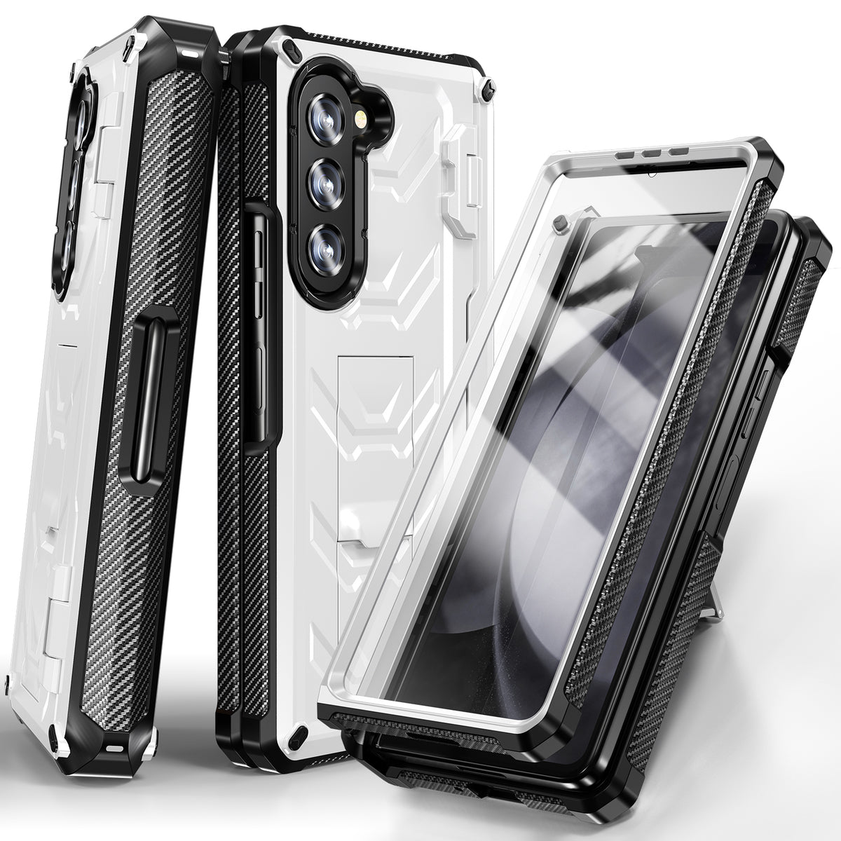 White Rugged Full Body Case with Built-in Glass Screen Protector Hinge Protection Hidden Kickstand Pen Slot Shockproof Armor Case U6242