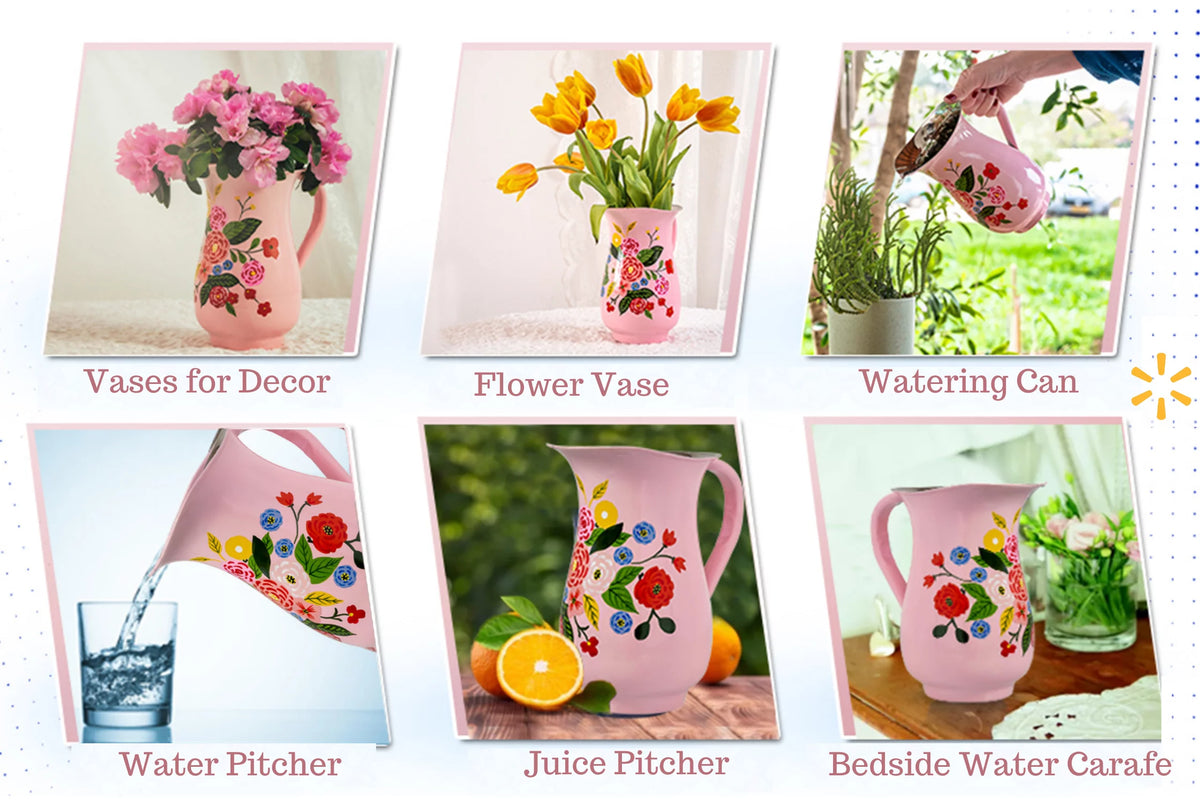 Hand-Painted Floral Stainless Steel Pink Water Pitcher K968582
