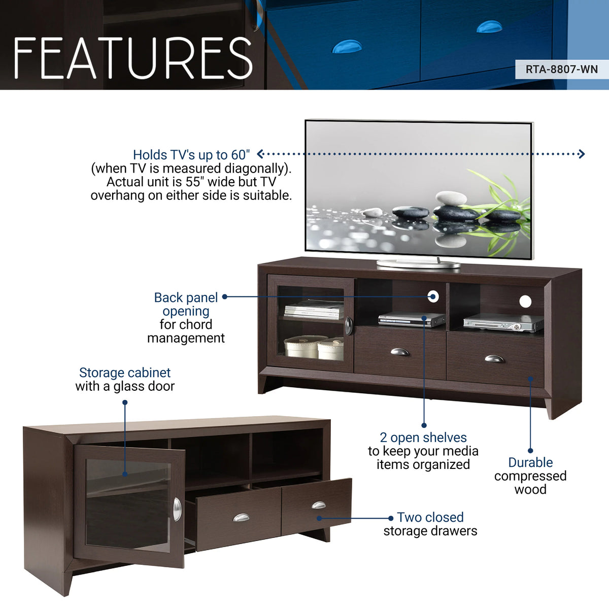 55" Modern TV Stand with Storage, Wenge Brown C1171