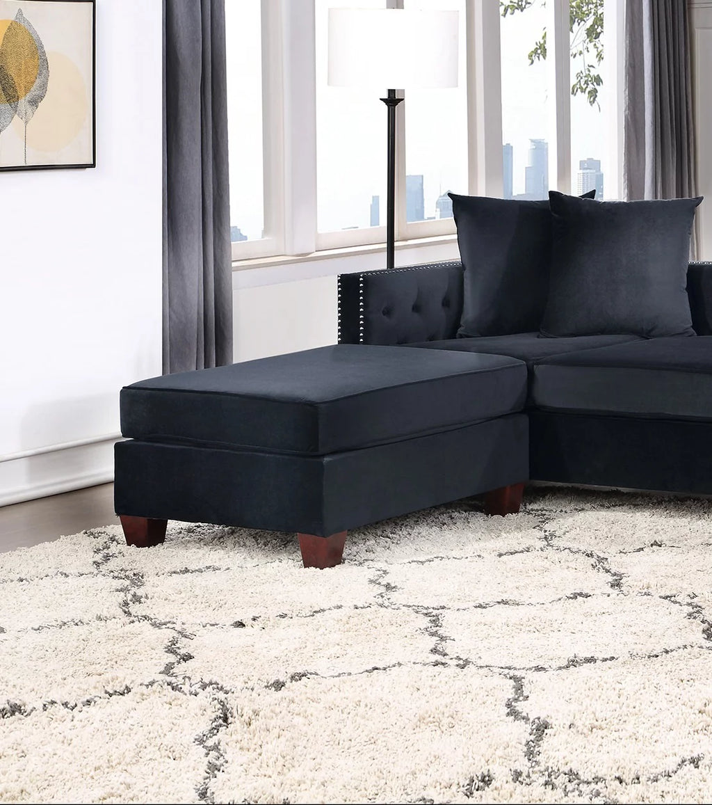 Black Velvet 4pc U-Sectional with Reversible Chaise and Ottoman Q363