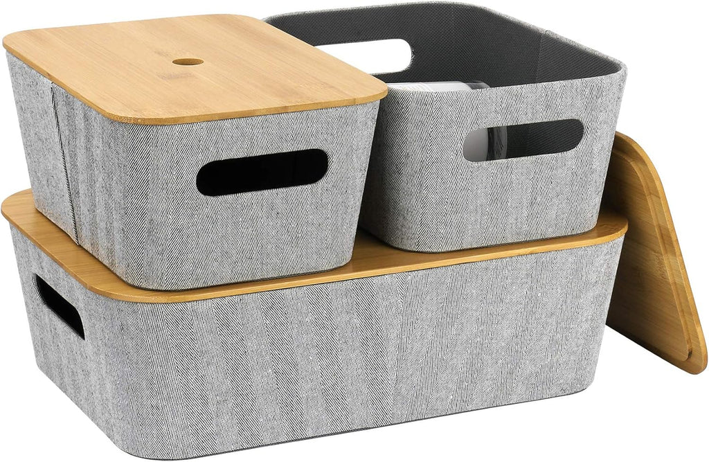 Light Gray Tweed Fabric Storage Basket Set of 3 with Bamboo Lid R5733