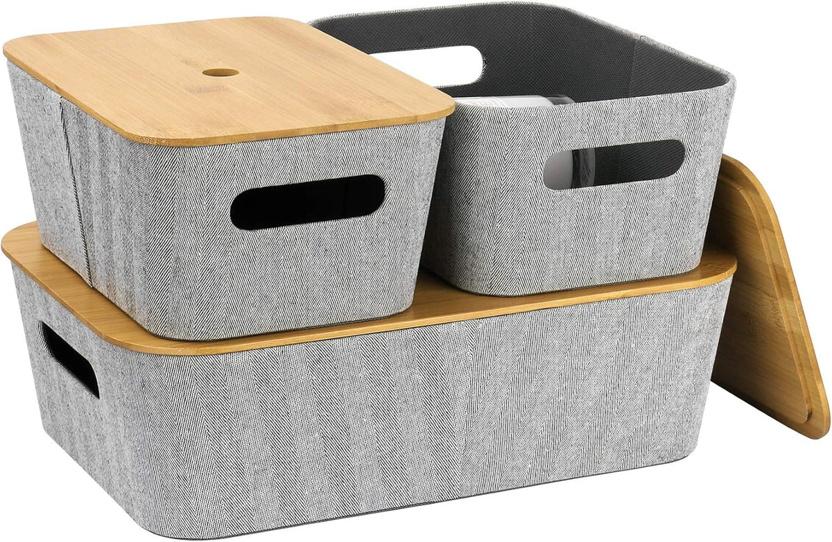 Light Gray Tweed Fabric Storage Basket Set of 3 with Bamboo Lid R5733