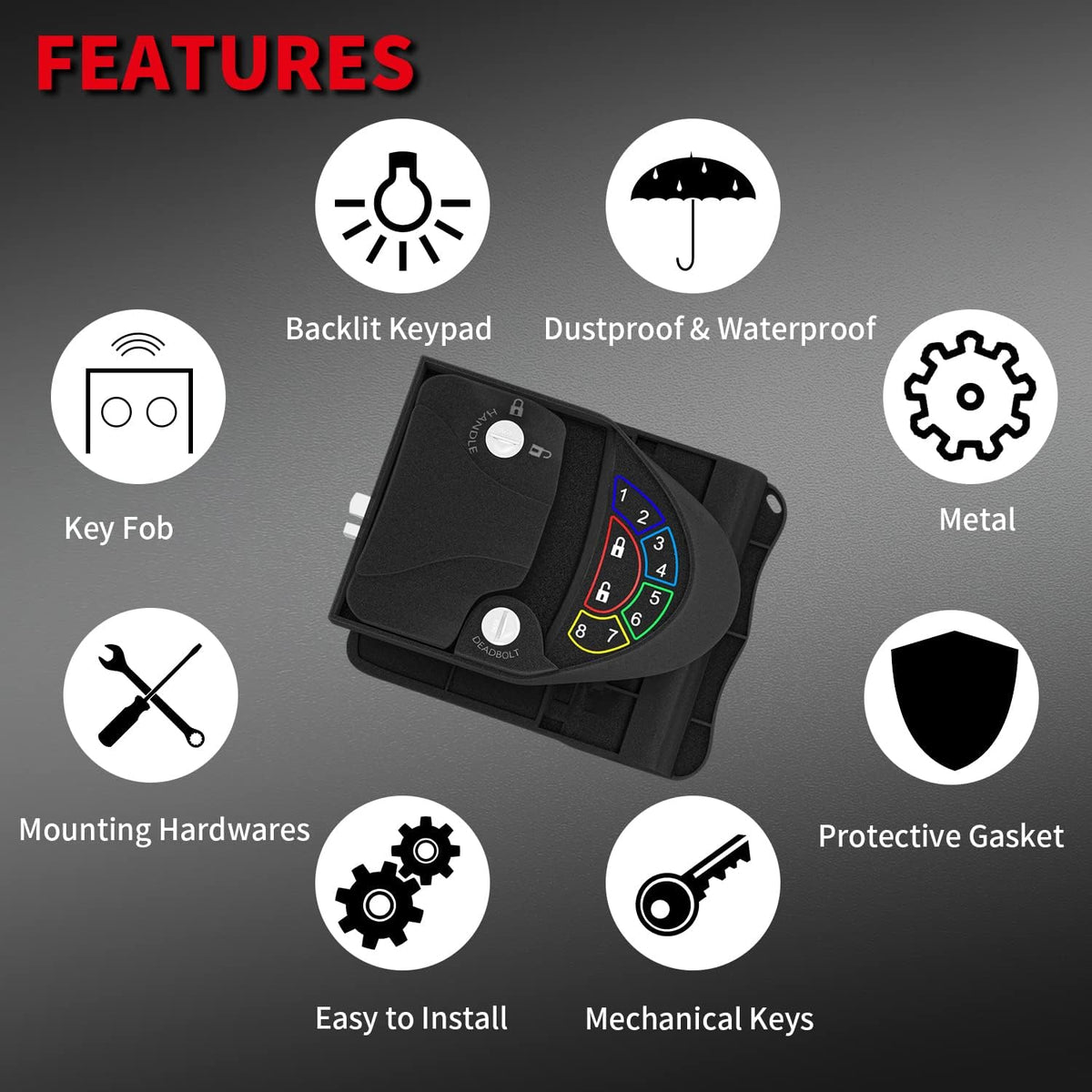 Metal RV Lock Keyless Entry with Deadbolt, Backlit Keypad, Wireless Fobs, Keys and Gasket I14677