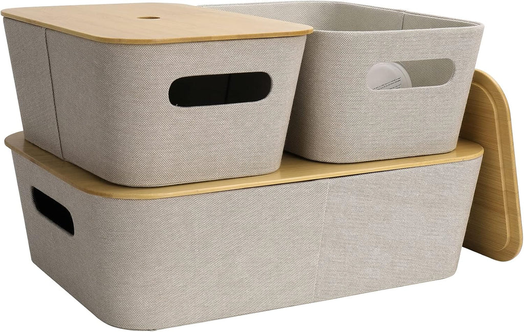 Light Gray Tweed Fabric Storage Basket Set of 3 with Bamboo Lid R5733