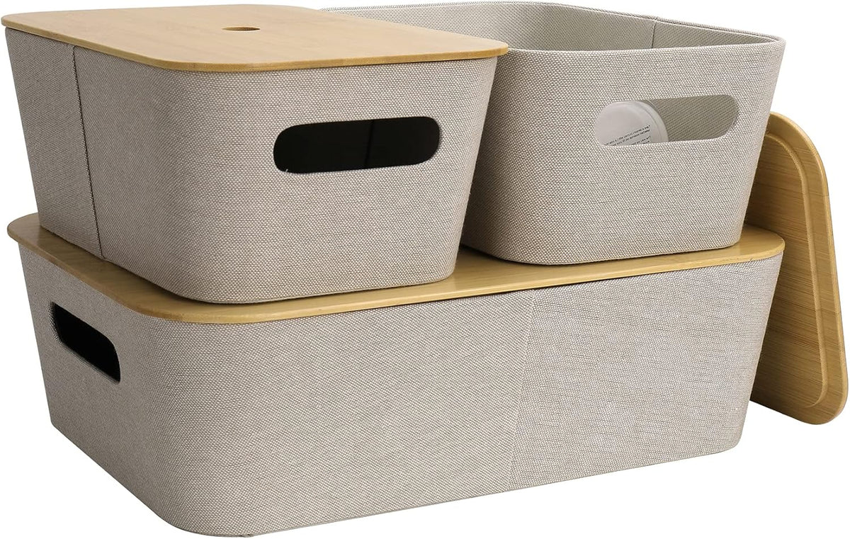 Light Gray Tweed Fabric Storage Basket Set of 3 with Bamboo Lid R5733