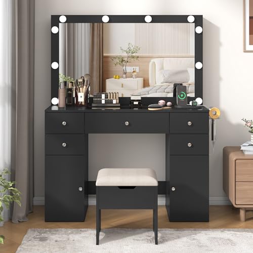 Black Vanity Desk with Lighted Mirror, 5 Drawers, 2 Cabinets, Stool, Glass Top, Sliding Jewelry Storage Shelves N289780
