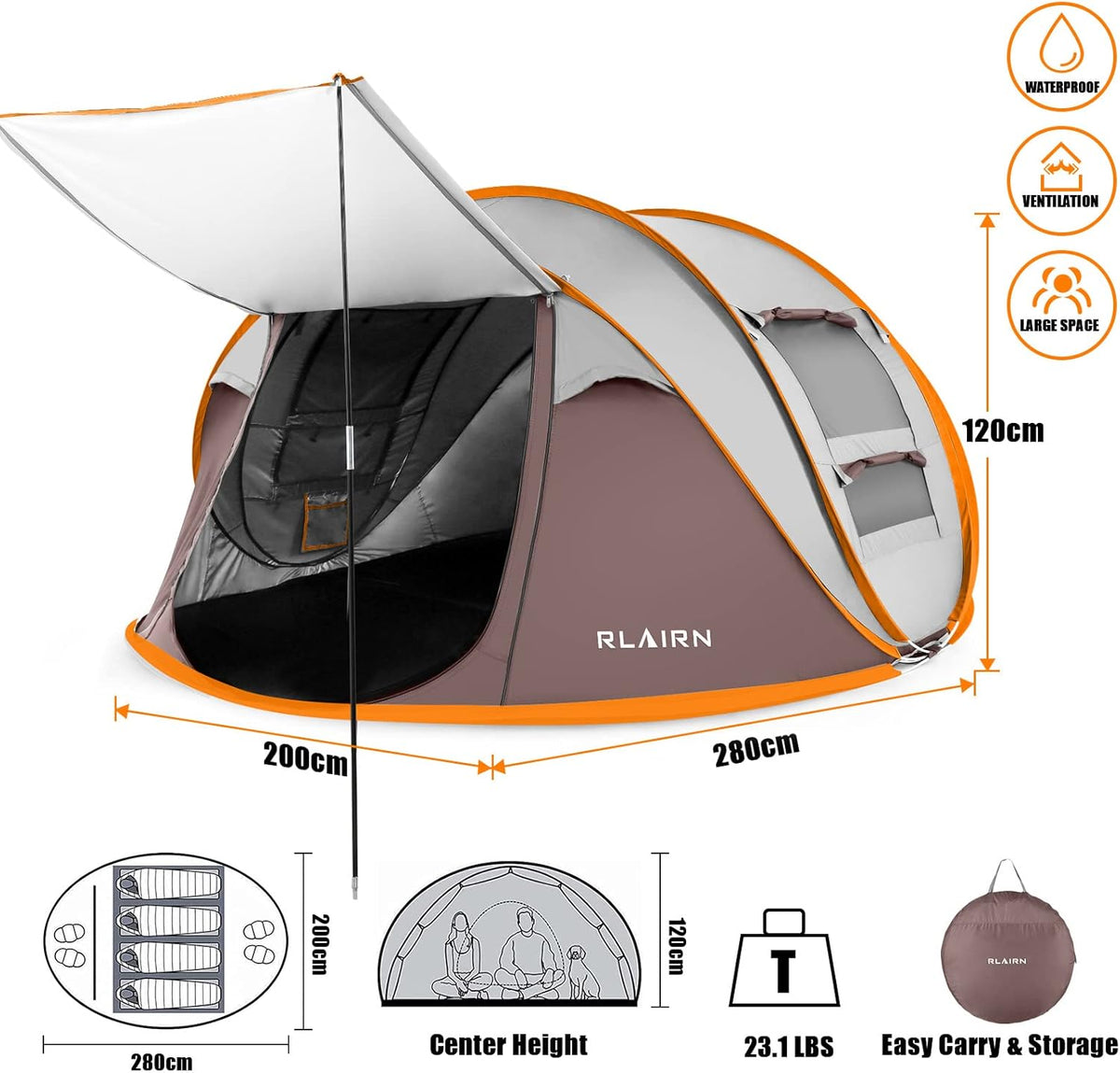 4 Person Pop Up Tent with 2 Mesh Windows & Doors Waterproof Brown Q655