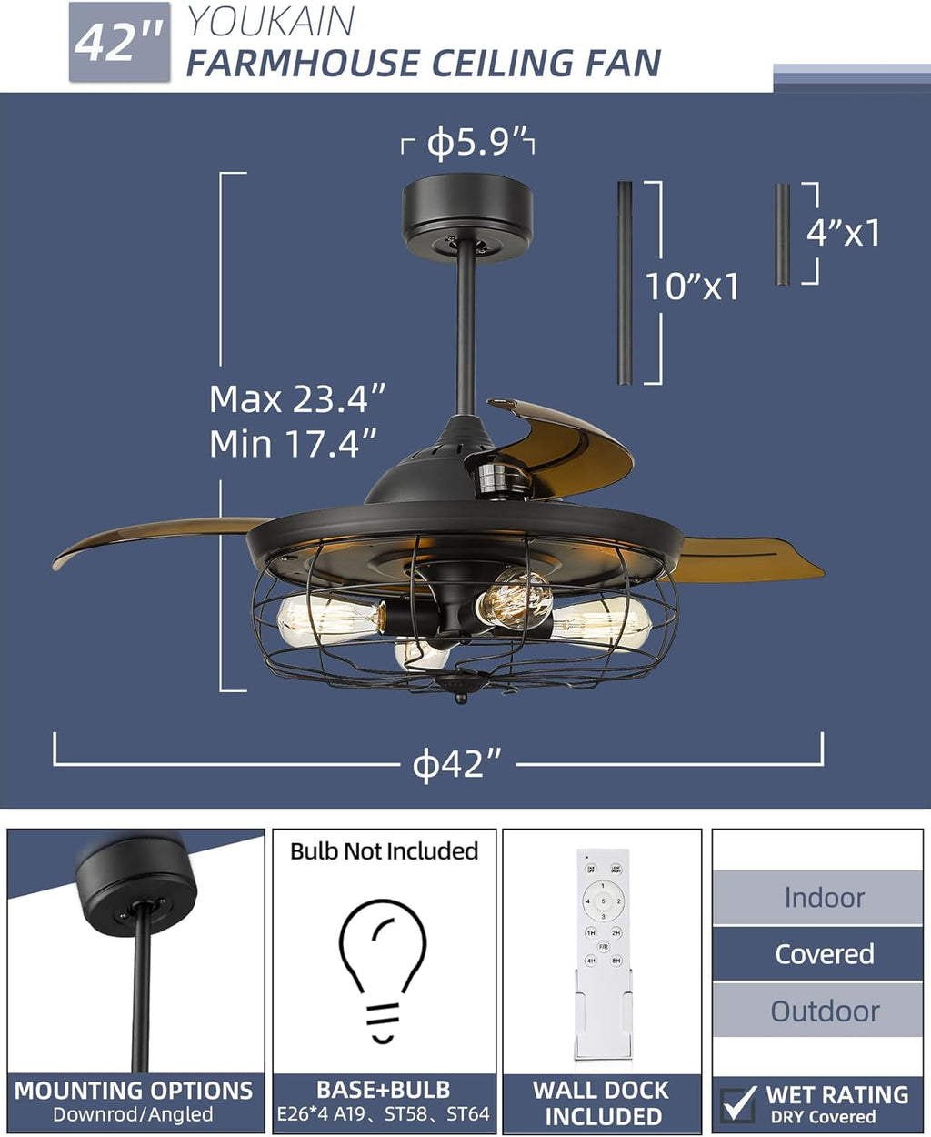 Retractable Ceiling Fan with Light and 3 Reversible Blades G59077