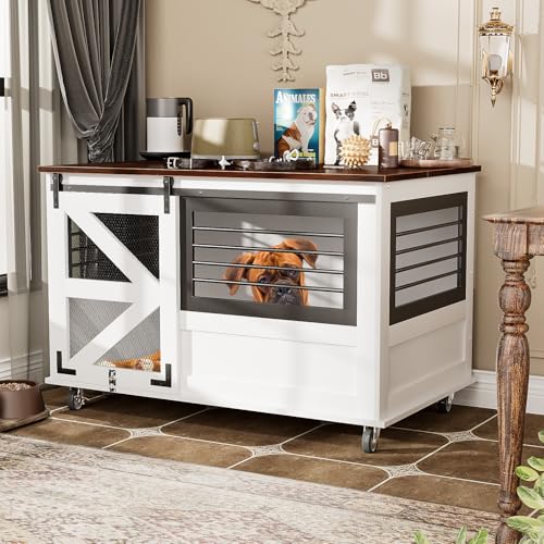 48'' Wooden Dog Crate Furniture with Divider and Storage Drawers W85214
