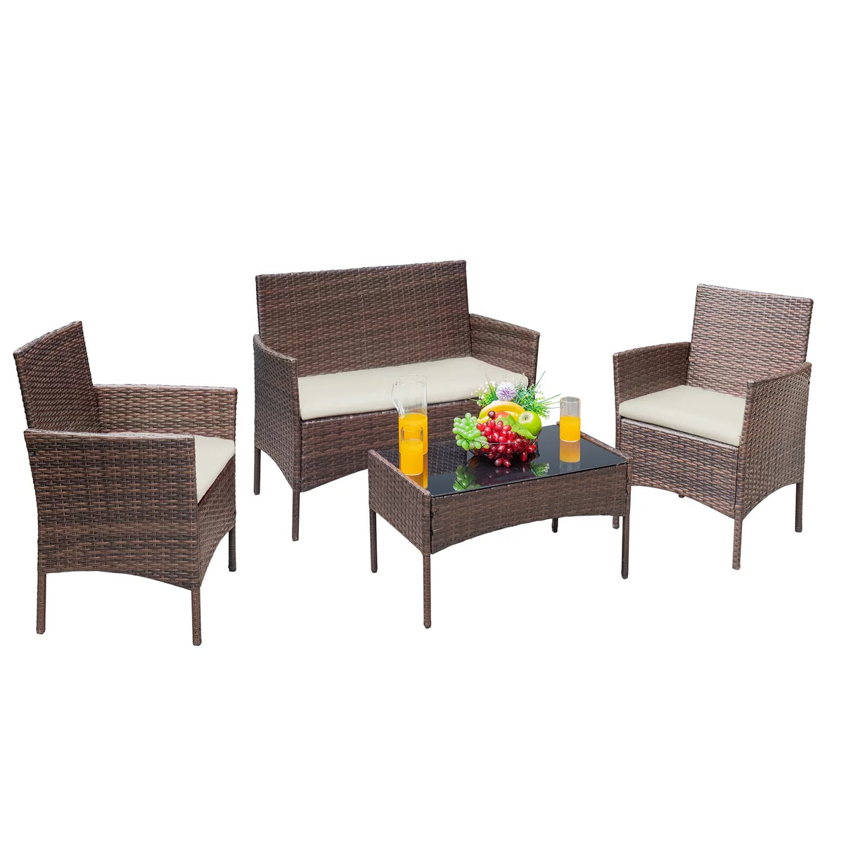 Brown PE Rattan Wicker 4 Pieces Patio Furniture Set with Cushion V5482