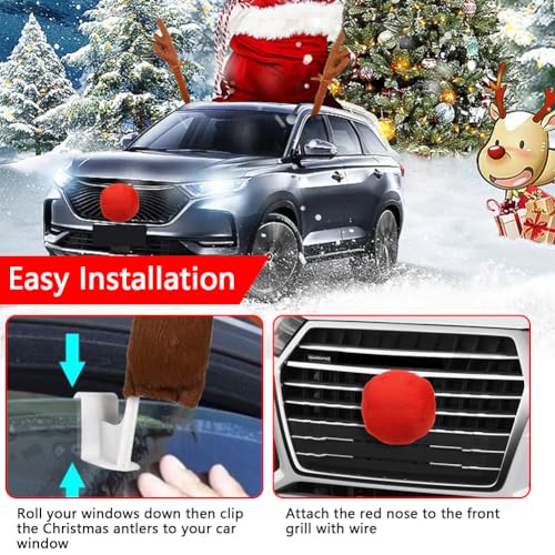 Christmas Reindeer Antlers Car Decoration Kit Plush Red Nose Set with Jingle Bells Y258971