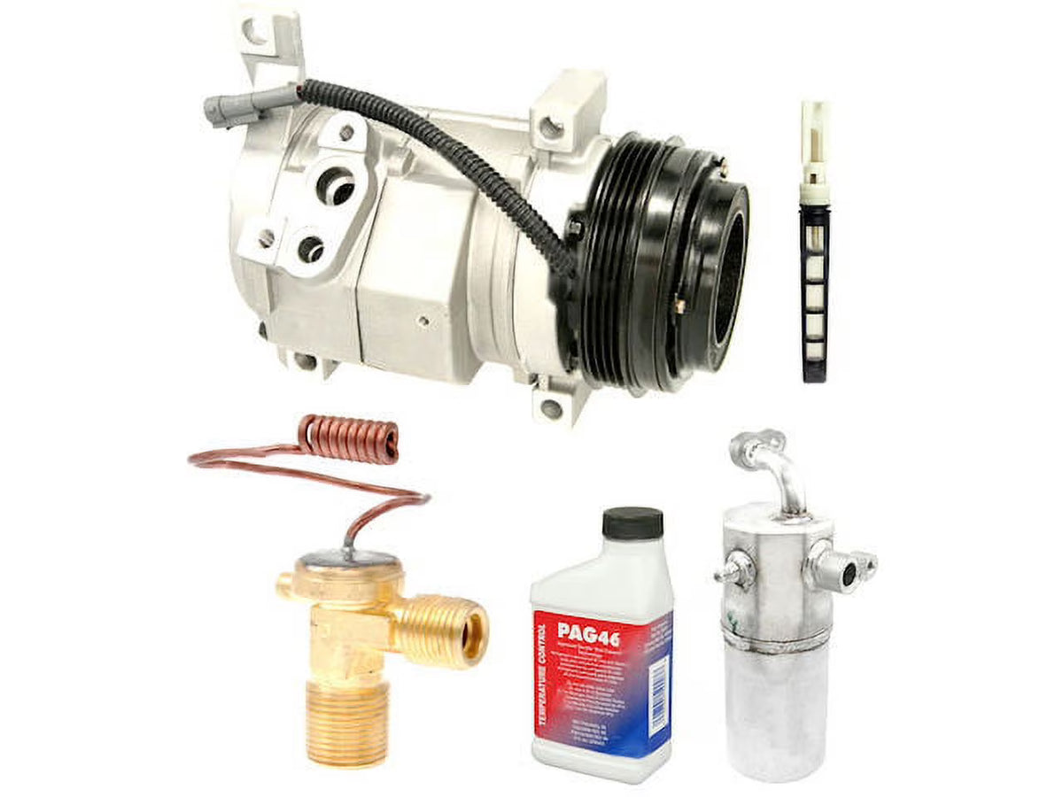 A/C Compressor Kit with 10S20F Compressor, 13mm Diameter Black Orifice Tube, Accumulator, Expansion Valve, and O-Rings E6977