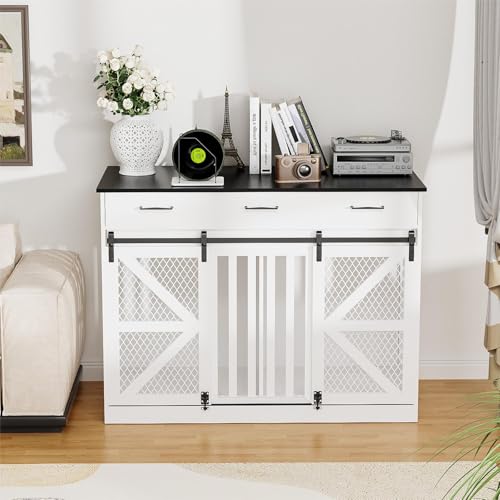 48'' Wooden Dog Crate Furniture with Divider and Storage Drawers W85214