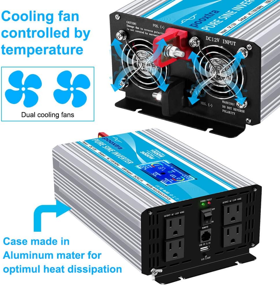1500 Watt Pure Sine Wave Power Inverter 12V DC to 110V AC with LCD Display USB Port 4 AC Outlets X759