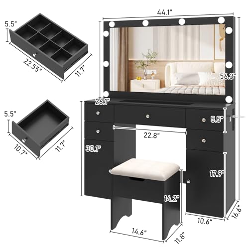 Black Vanity Desk with Lighted Mirror, 5 Drawers, 2 Cabinets, Stool, Glass Top, Sliding Jewelry Storage Shelves N289780