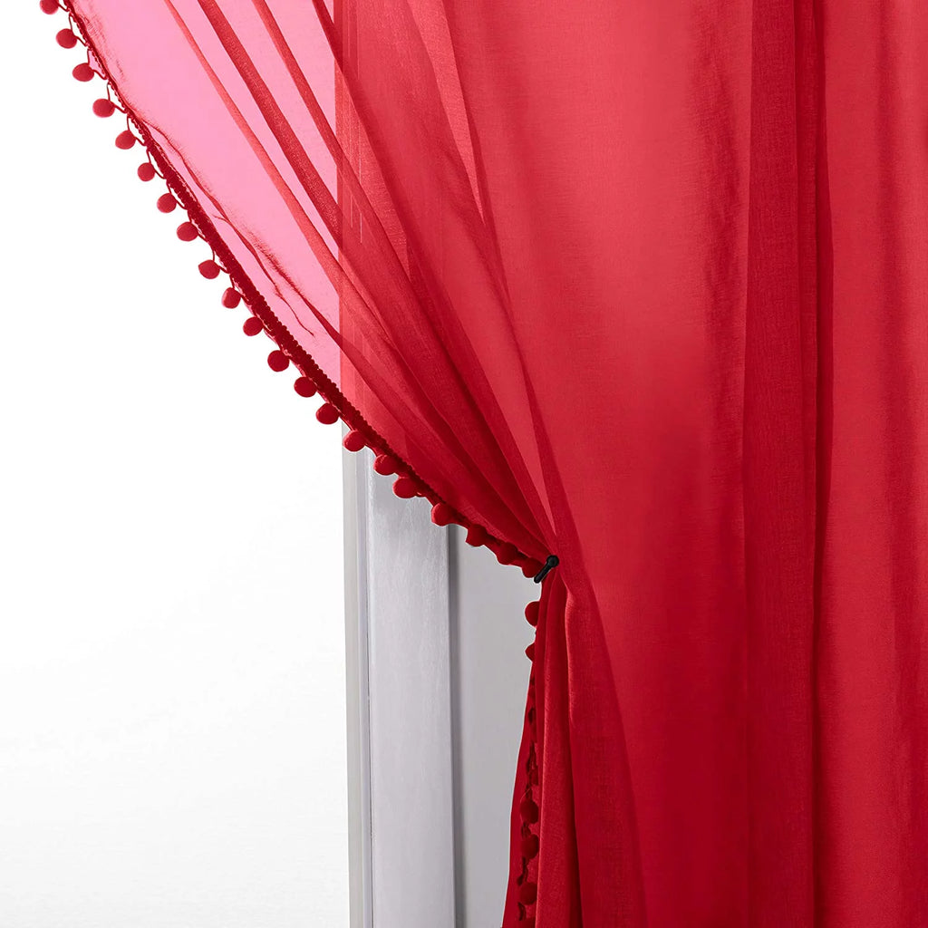 Semi-Sheer Curtains with Pom Pom Tassels 2 Piece Set 60 X 84 Red R824803