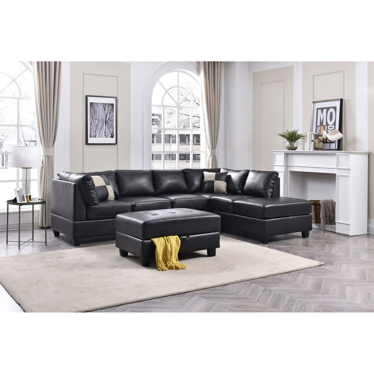 Black Faux Leather 4-Seater Sectional Sofa with 2-Throw Pillow Q59914