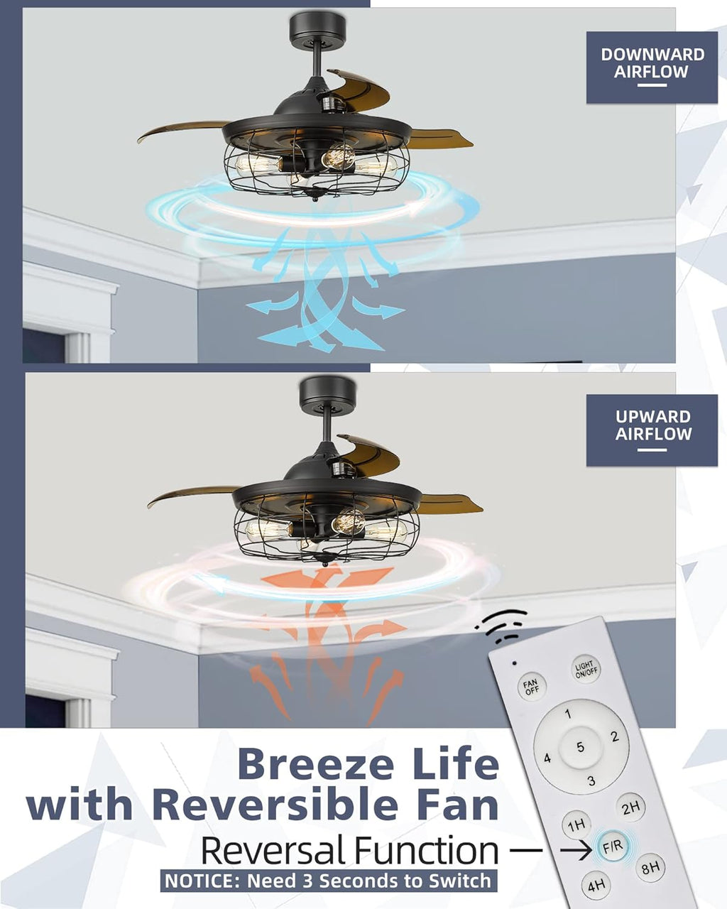 Retractable Ceiling Fan with Light and 3 Reversible Blades G59077
