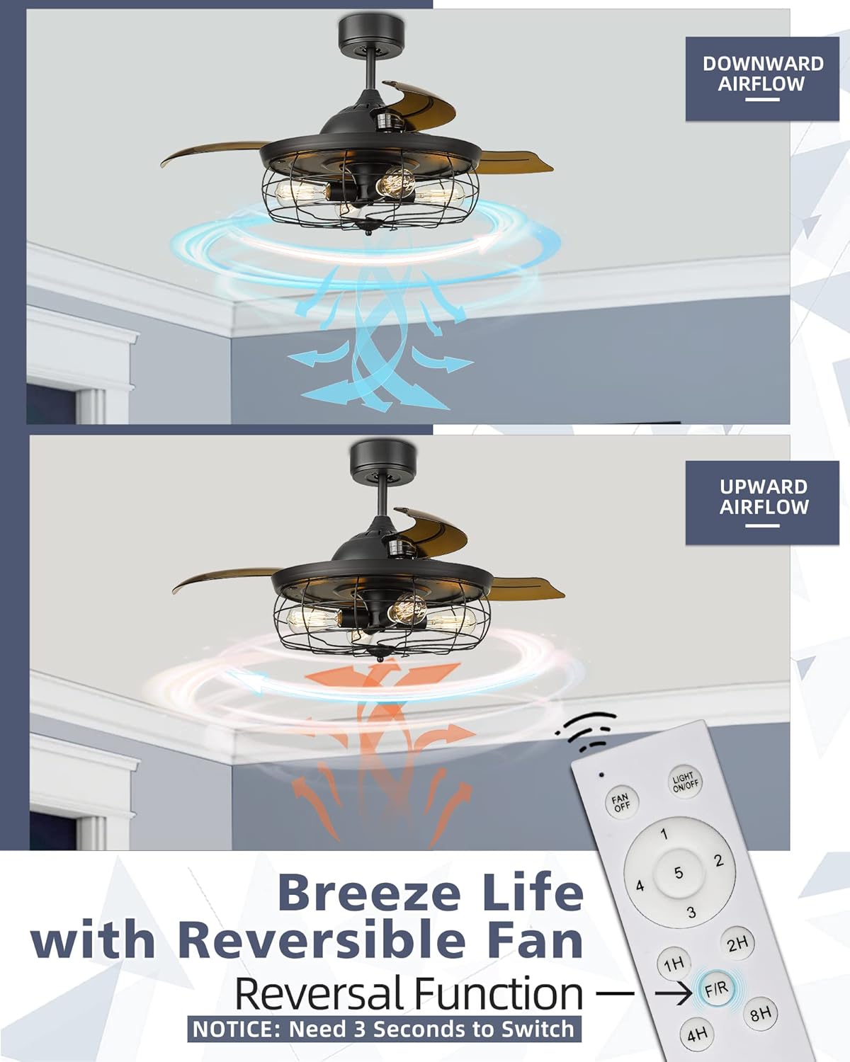 Retractable Ceiling Fan with Light and 3 Reversible Blades G59077