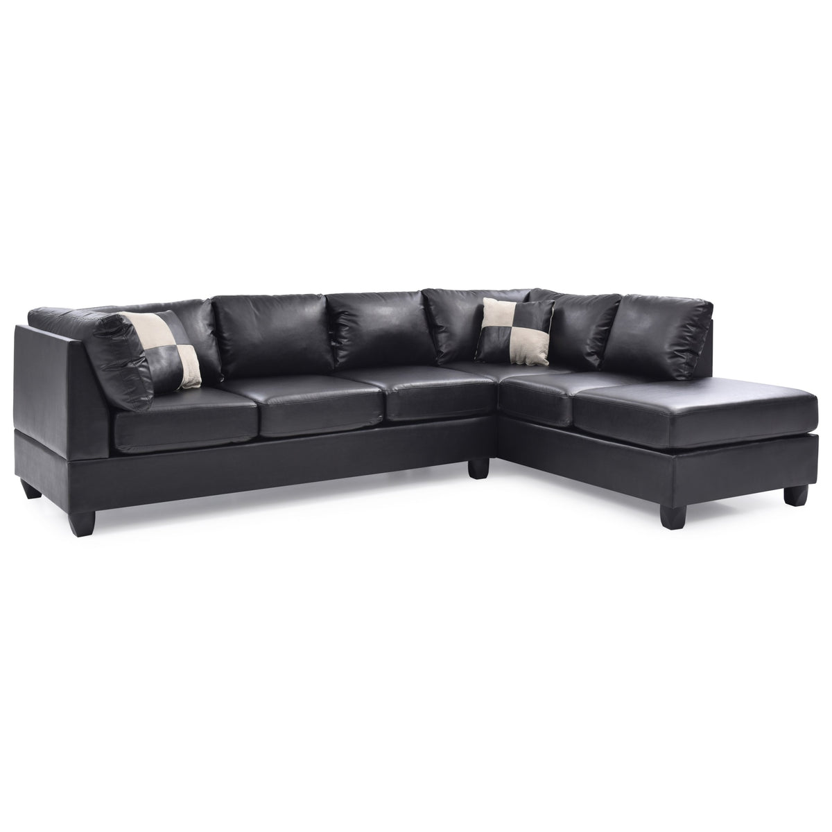Black Faux Leather 4-Seater Sectional Sofa with 2-Throw Pillow Q59914