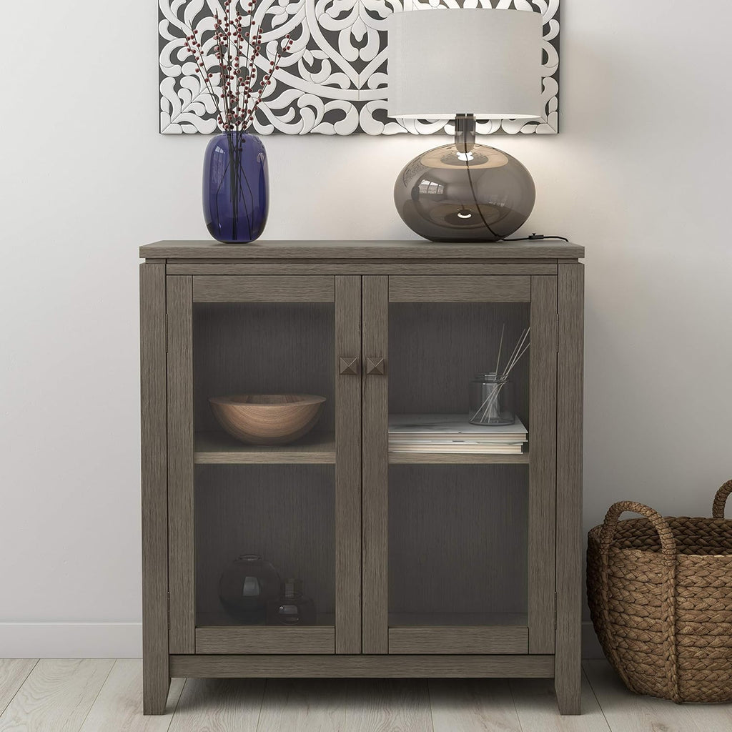 Solid Wood 30 inch Low Storage Cabinet with 2 Tempered Glass Doors and 2 Adjustable Shelves G6194
