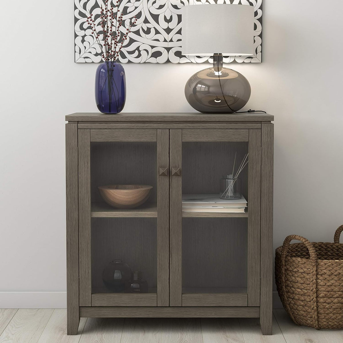 Solid Wood 30 inch Low Storage Cabinet with 2 Tempered Glass Doors and 2 Adjustable Shelves G6194