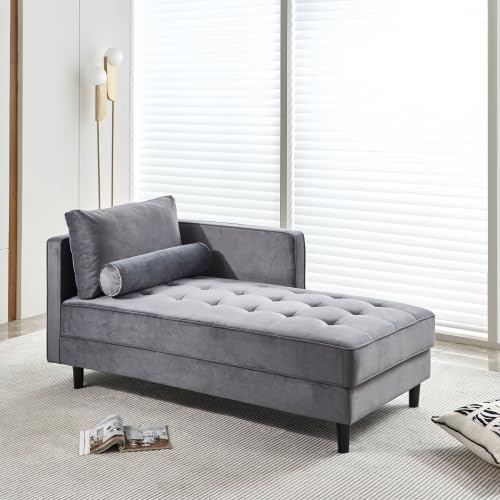 Gray Velvet Chaise Lounge Chair with Tufted Cushion O704
