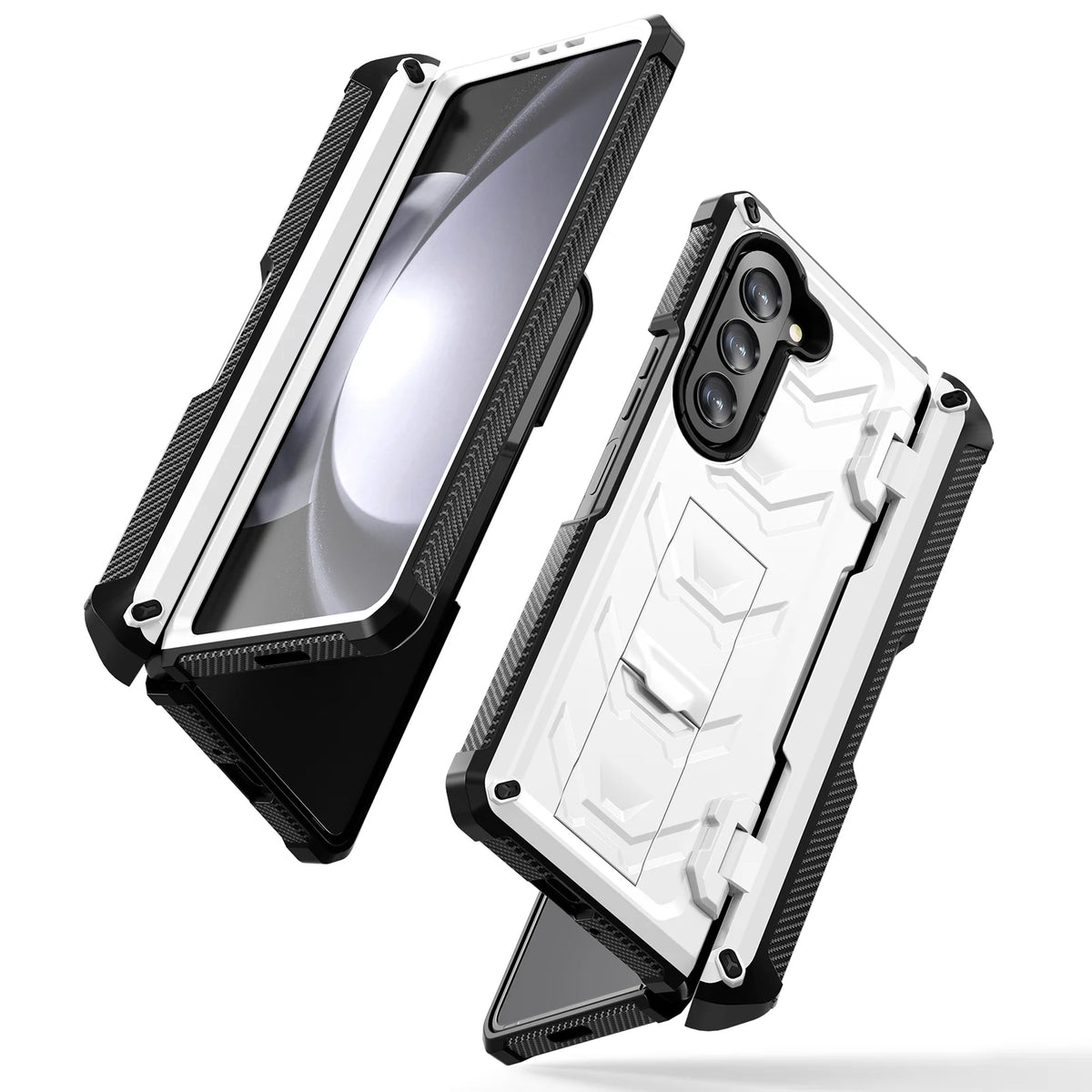 White Rugged Full Body Case with Built-in Glass Screen Protector Hinge Protection Hidden Kickstand Pen Slot Shockproof Armor Case U6242