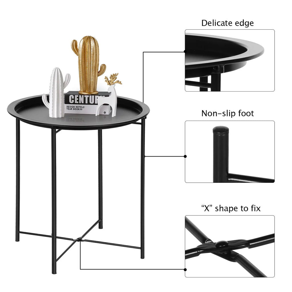 Set of 2 Round Folding Metal Side Table with Removable Tray, Black Z289801
