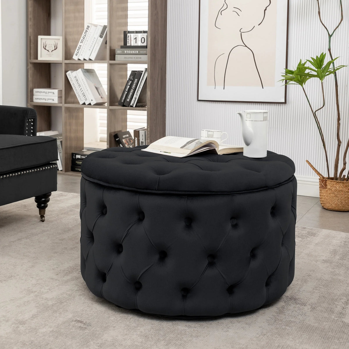 Black Velvet Round Storage Ottoman I428