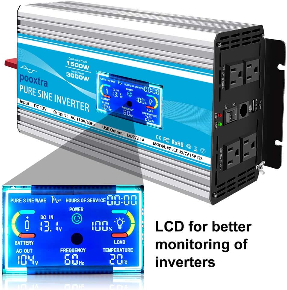 1500 Watt Pure Sine Wave Power Inverter 12V DC to 110V AC with LCD Display USB Port 4 AC Outlets X759